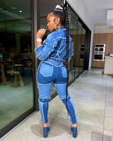 Retro Patchwork Wash Denim Set for Women