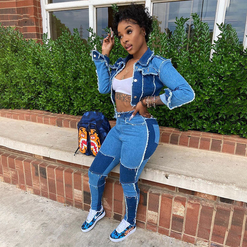 Retro Patchwork Wash Denim Set for Women