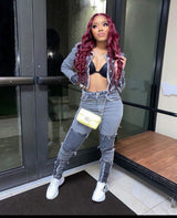 Retro Patchwork Wash Denim Set for Women