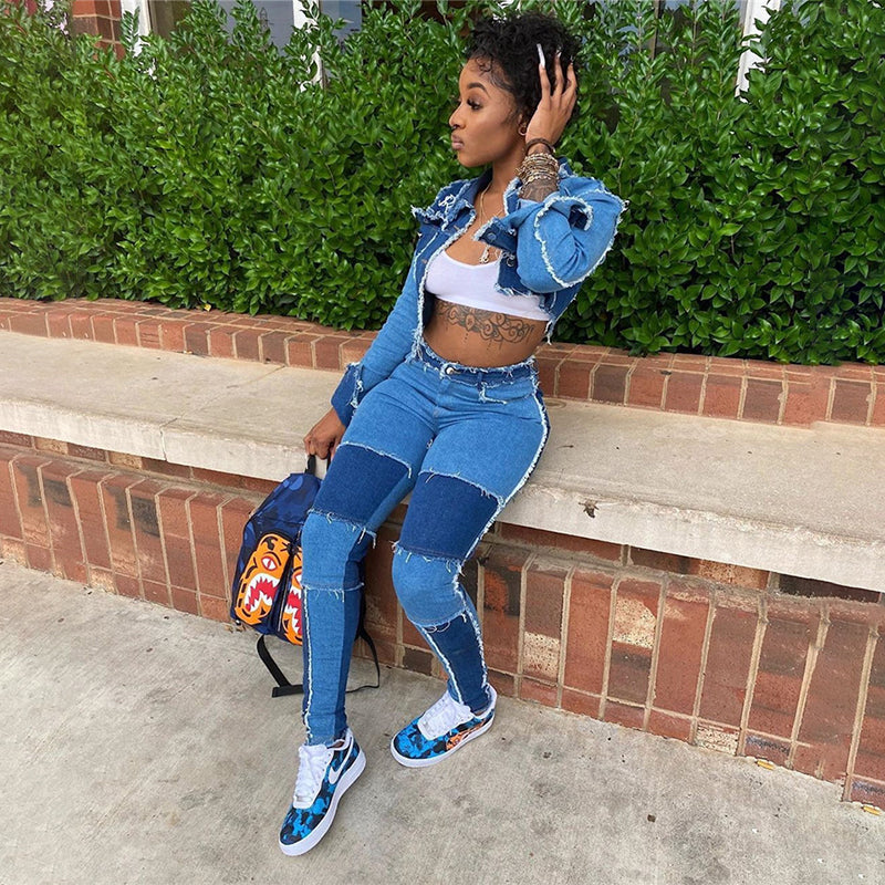 Retro Patchwork Wash Denim Set for Women