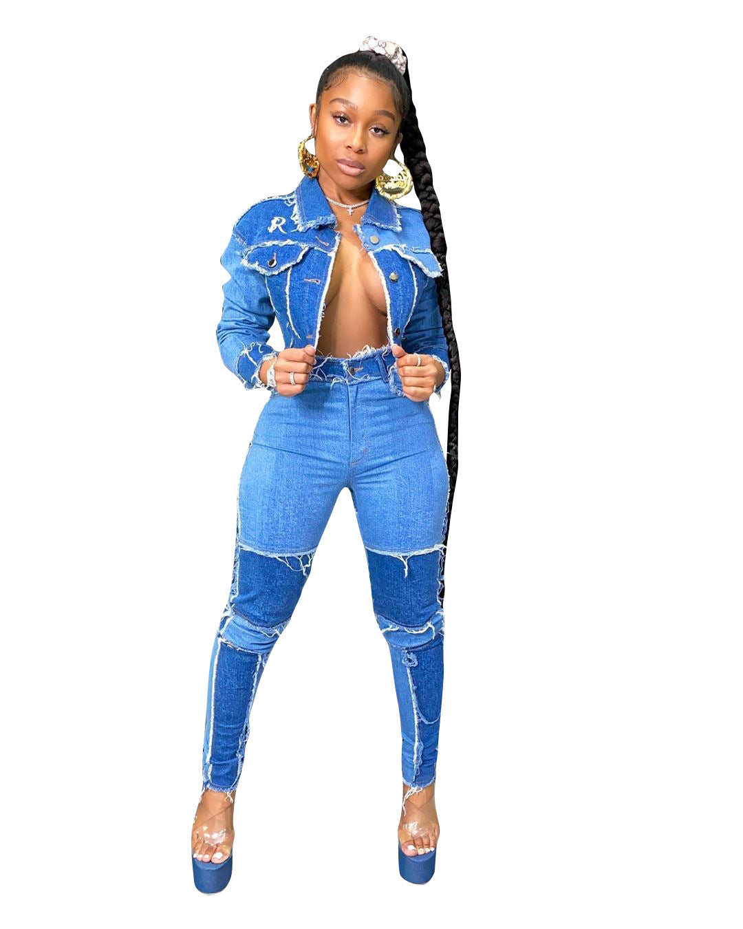 Retro Patchwork Wash Denim Set for Women